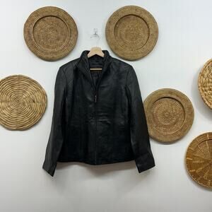 Vintage 90s Siena Black Collared Seamed Zip Up Soft Leather Jacket Medium